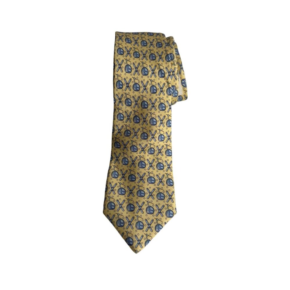 Vineyard Vines Crossed Skis & Gondola Lift Silk Necktie Mens Yellow Blue Retro